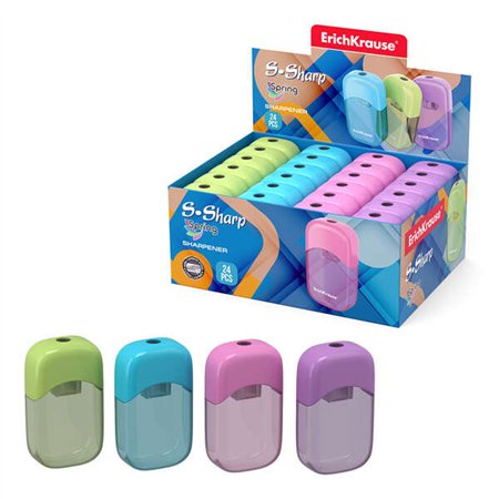 Apontador de lápis Erichkrause S-Sharp com estojo - Design ergonômico - Lâmina de aço durável - Cores sortidas