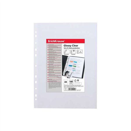 Pacote com 100 capas plásticas transparentes brilhantes Erichkrause, tamanho A4, com 60 micras de espessura e 11 furos. Acabamen