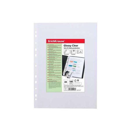 Pacote com 100 capas plásticas transparentes brilhantes Erichkrause, tamanho A4, com múltiplos furos, 100 micras (11 furos). Aca