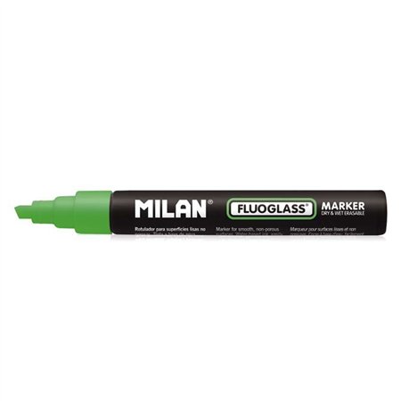 Marcador Milan Fluoglass para Superfície Lisa - Ponta Chanfrada - Espessura da Linha de 2 a 4 mm - Tinta à Base de Água - Fácil 