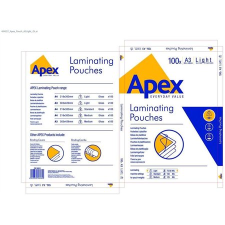 Pacote com 100 envelopes de laminação brilhantes Fellowes Apex, tamanho A3 - 75 mícrons - Alta qualidade - Transparentes