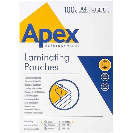 Pacote com 100 envelopes de laminação brilhantes Fellowes, tamanho A4 - 75 mícrons - Resistentes à água - Transparentes