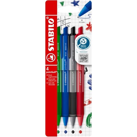 Conjunto de 4 Canetas Retráteis Coloridas Stabilo Pointball - Ponta de 0,5 mm - Fabricadas com 87% de Bioplástico - Empunhadura 