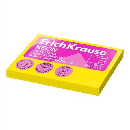 Bloco de notas adesivas ErichKrause com 100 unidades, 50x75mm - Removíveis - Amarelo Neon