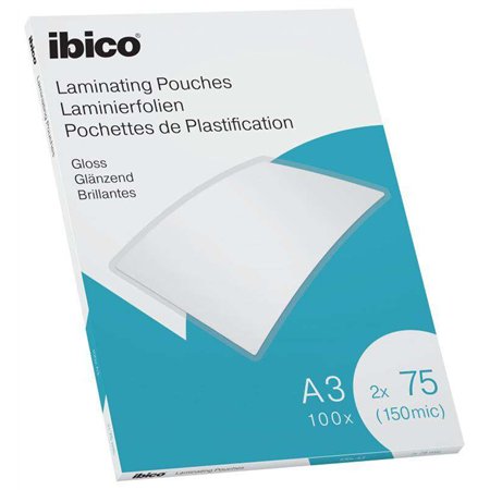 Caixa com 100 folhas de laminação brilhante Ibico A3, 75 mícrons - Acabamento cristalino de alto brilho - Cor transparente