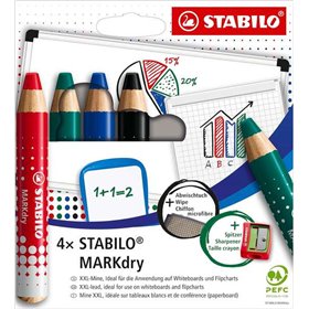 Conjunto de 4 Marcadores para Quadro Branco Stabilo MARKdry + Apontador + Pano de Limpeza - Grafite XXL de 10mm - Madeira 100% C