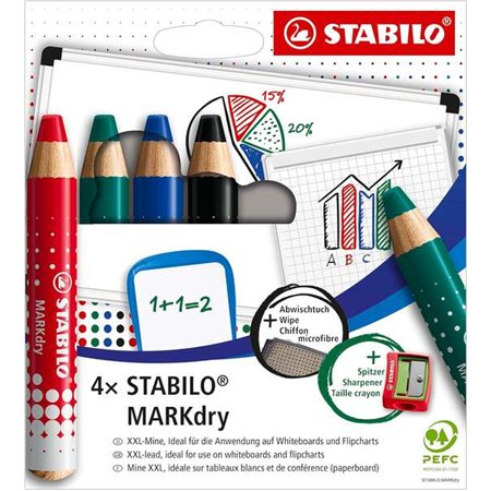 Conjunto de 4 Marcadores para Quadro Branco Stabilo MARKdry + Apontador + Pano de Limpeza - Grafite XXL de 10mm - Madeira 100% C