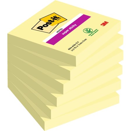 Post-it Super Sticky - Pacote com 6 blocos de 90 notas adesivas reposicionáveis cada - Formato quadrado - 76x76mm - Amarelo clar