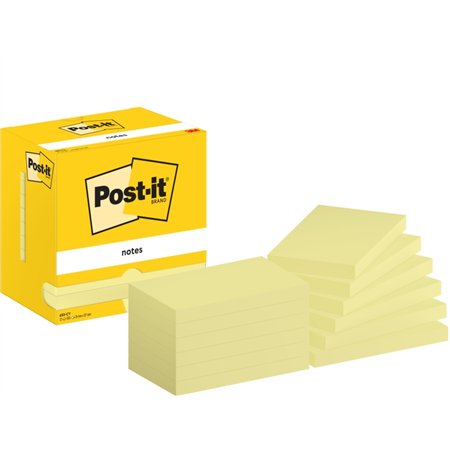 Pacote com 12 blocos de notas adesivas reposicionáveis Post-it com 100 unidades cada - Formato retangular - 76x127mm - Amarelo c