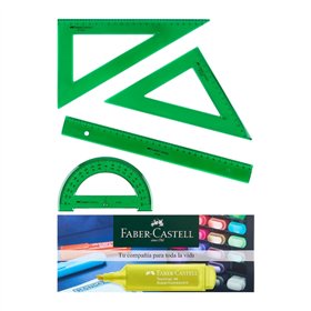Conjunto de 4 réguas escolares Faber-Castell - Régua reta - Transferidor - Esquadro - Triângulo - Verde transparente