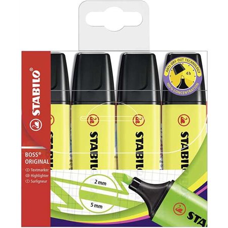 Stabilo Boss 70 - Pacote com 4 Marcadores Fluorescentes - Espessura da Linha entre 2 e 5 mm - Recarregáveis - Tinta à Base de Ág