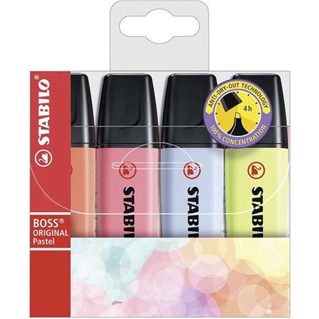 Stabilo Boss 70 Pastel - Conjunto com 4 Marcadores Fluorescentes - Espessura da Linha entre 2 e 5 mm - Recarregáveis - Tinta à B