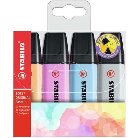 Stabilo Boss 70 Pastel - Conjunto com 4 Marcadores Fluorescentes - Espessura da Linha entre 2 e 5 mm - Recarregáveis - Tinta à B