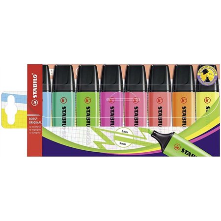 Stabilo Boss 70 - Pacote com 8 Marcadores Fluorescentes - Espessura da Linha entre 2 e 5 mm - Recarregáveis - Tinta à Base de Ág