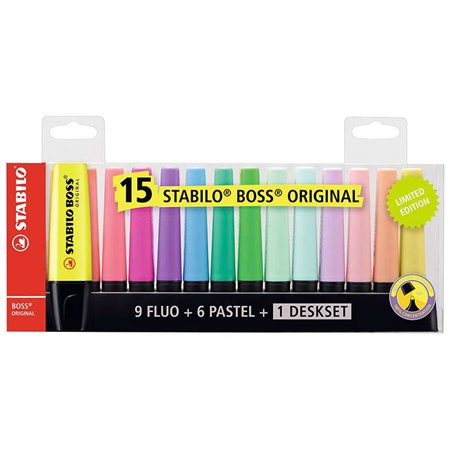 Stabilo Boss 70 - Conjunto de 15 Marcadores Fluorescentes para Mesa - Suporte Prático para Mesa - Espessura da Linha entre 2 e 5