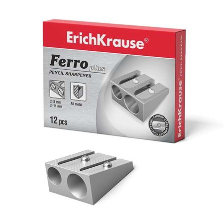 Apontador de lápis duplo Erichkrause Ferro Plus em alumínio - Cabo ergonômico - Dois furos (8 mm e 11 mm) - Lâmina espiral em aç