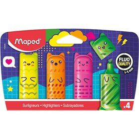 Kit Maped Kawaii com 4 Mini Marcadores Fluorescentes Neon - Desenhos Kawaii Divertidos - Espessura do Traço de 1 a 5 mm - Ideal 