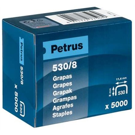 Caixa Petrus com 5000 grampos 530/8 banhados a cobre para pregador pneumático - haste de 8 mm
