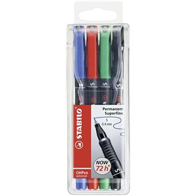 Kit com 4 Marcadores Permanentes Stabilo OHPen - Ponta Super Fina - Largura da Linha 0,4 mm - Empunhadura Antiderrapante - Tampa