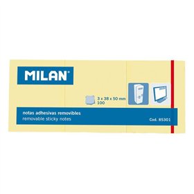 Pacote Milan com 3 blocos de 100 notas adesivas removíveis - Tamanho 38x50mm - Amarelo Claro