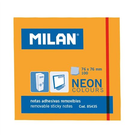 Bloco de notas adesivas Milan com 100 unidades - Removíveis - 76 mm x 76 mm - Laranja Neon