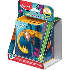 Estojo metálico Maped Color'Peps Infinity Jumbo Jungle com 12 lápis de cor de longa duração - O estojo funciona como cofrinho - 