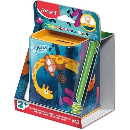 Estojo metálico Maped Color'Peps Infinity Jumbo Jungle com 12 lápis de cor de longa duração - O estojo funciona como cofrinho - 
