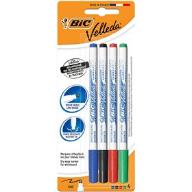 Conjunto de 4 Marcadores para Quadro Branco Bic Velleda 1721 - Ponta Fina - Largura da Linha de 1,5 mm - Apagamento Ideal - Core