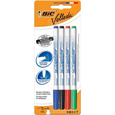 Conjunto de 4 Marcadores para Quadro Branco Bic Velleda 1721 - Ponta Fina - Largura da Linha de 1,5 mm - Apagamento Ideal - Core