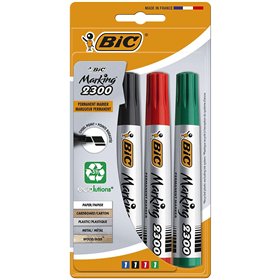 Kit com 4 Marcadores Permanentes Bic Marking 2300 Ecolutions - Ponta Chanfrada - Tinta à Base de Álcool - Ecológicos - Cores Sor