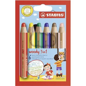 Stabilo Woody 3 em 1 - Conjunto com 6 Lápis de Cor - Lápis de Cor, Giz de Cera e Aquarela, Tudo em Um - Mina XXL de 10mm - Cores