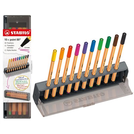 Conjunto de mesa Stabilo Point 88 com 10 marcadores de ponta de fibra - Espessura da linha de aproximadamente 0,4 mm - Tinta à b