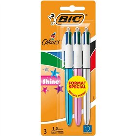 Conjunto de 3 Canetas Esferográficas Retráteis Bic Shine em 4 Cores - Ponta de 1mm - Traço de 0,4mm - Tinta à Base de Óleo - Cor