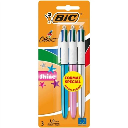 Conjunto de 3 Canetas Esferográficas Retráteis Bic Shine em 4 Cores - Ponta de 1mm - Traço de 0,4mm - Tinta à Base de Óleo - Cor