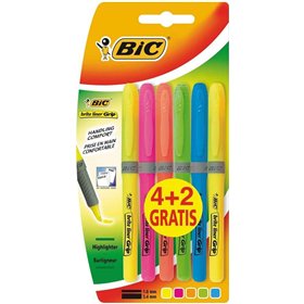 Bic Brit Liner Grip Pacote com 6 Marcadores Fluorescentes (4+2) - Tinta à base de água - Ponta chanfrada - Espessura da linha en
