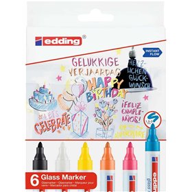 Edding 95 Pacote com 6 Marcadores de Vidro - Ponta Redonda - Espessura da Linha de 1,5 a 3 mm - Cores: Branco, Amarelo, Preto, L
