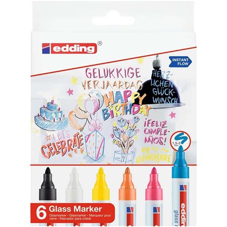 Edding 95 Pacote com 6 Marcadores de Vidro - Ponta Redonda - Espessura da Linha de 1,5 a 3 mm - Cores: Branco, Amarelo, Preto, L