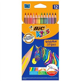 Caixa com 12 lápis de cor sortidos Bic Kids Evolution Stripes - Feitos de resina - Ponta ultrarresistente - Mina pigmentada de 3
