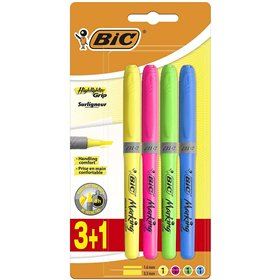 Conjunto de 4 Marcadores Fluorescentes Bic Highlighter Grip - Tinta à base de água - Ponta chanfrada - Espessura da linha entre 
