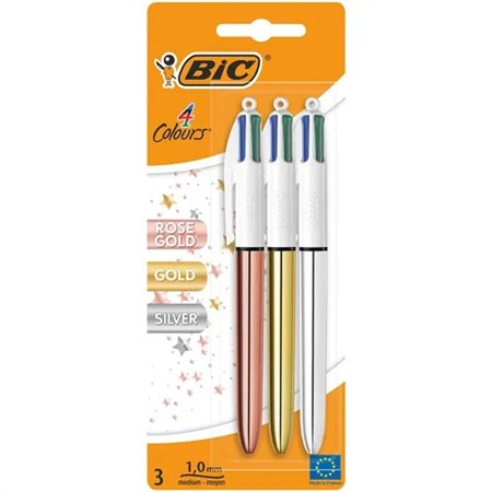 Conjunto de 3 Canetas Esferográficas Retráteis Bic em 4 Cores - Ponta de 1mm - Traço de 0,4mm - Tinta à Base de Óleo - Corpo nas