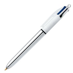 Caneta Esferográfica Retrátil Bic Shine 4 Cores - Ponta de 1mm - Traço de 0,4mm - Tinta à base de óleo - Corpo prateado/branco -
