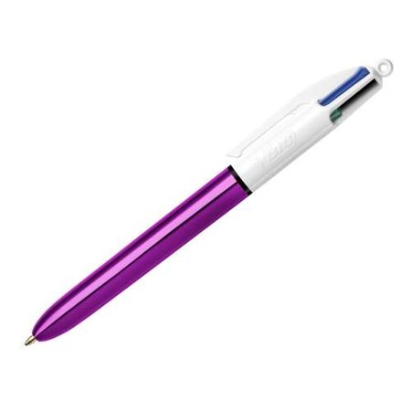Caneta Esferográfica Retrátil Bic Shine 4 Cores - Ponta de 1mm - Traço de 0,4mm - Tinta à base de óleo - Corpo em roxo metálico/