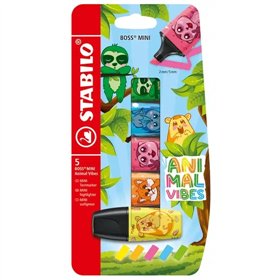 Stabilo Boss Mini Animal Vibes - Pacote com 5 Mini Marcadores Fluorescentes - Espessura da Linha entre 2 e 5 mm - Tinta à Base d