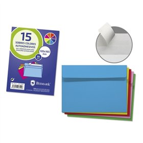 Pacote com 15 envelopes de papel Bismark, 90 g/m² - Dimensões 120 x 165 mm - Fecho autoadesivo - Cores sortidas