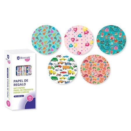 Rolo de Papel de Presente Infantil Bismark - Mede 70cm x 200cm - 5 Estampas Diferentes