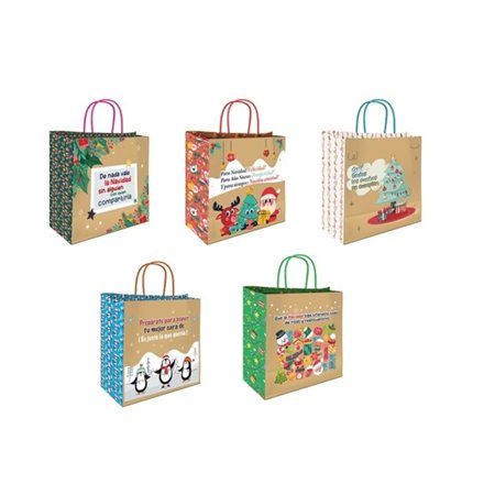 Sacola de papel kraft Bismark com mensagens de Natal - Mede 26x8x24cm - 5 designs diferentes