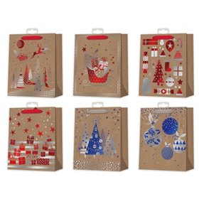 Sacola de Natal de Papel Kraft Bismark - Impressão Metalizada - 6 Modelos Diferentes
