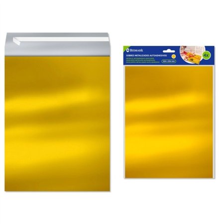 Pacote com 4 envelopes metálicos Bismark - Medidas: 324 x 254 mm - Fecho autoadesivo - Ideal para presentes - Cor dourada