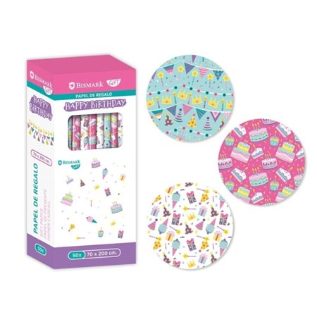 Rolo de Papel de Presente de Aniversário Bismark - Mede 70cm x 200cm - 3 Designs Diferentes