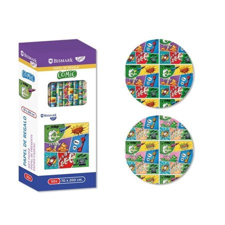 Rolo de Papel de Presente Bismark Comic - Mede 70cm x 200cm - 2 Designs Diferentes